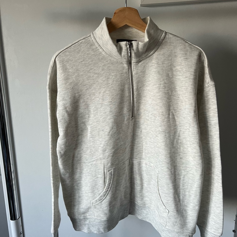 Suzy Shier Gray Zip Up Sweater with Ribbed Trim